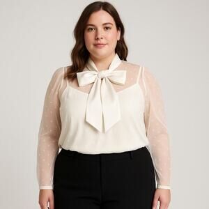 Express Ivory Sheer Swiss Dot Mesh Bow Tie Blouse Long Sleeve Top XL